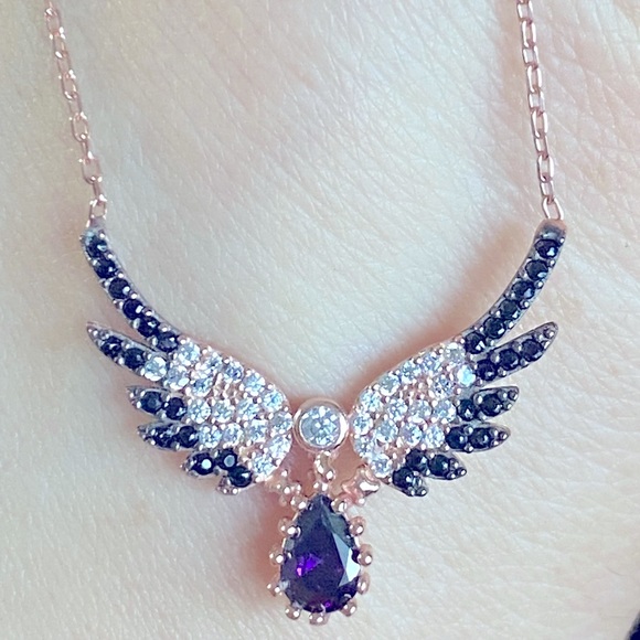 Jewelry - 925 Silver angel wing necklace cz rose gold plated with big purple stone wings